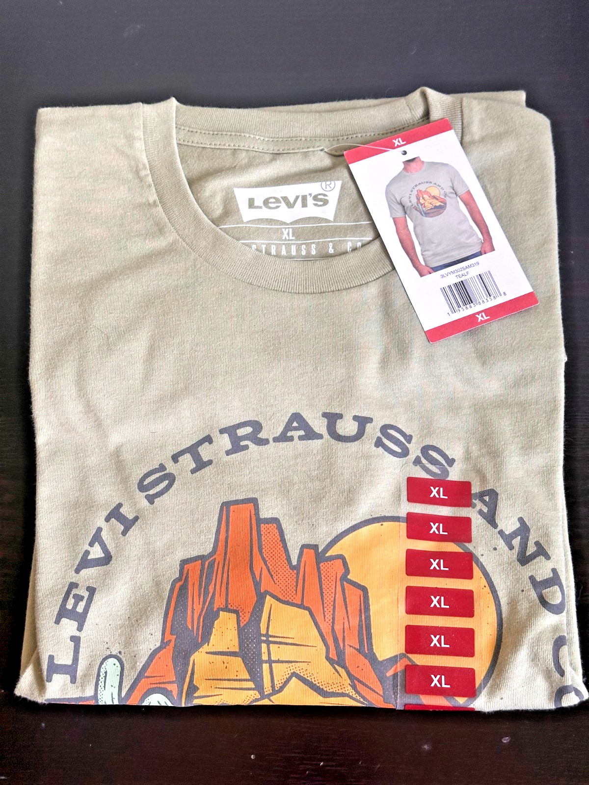 LEVI'S MEN'S GRAPHIC T-SHIRT XL TEAL DESERT SAND MOUNTAIN CACTUS BACKDROP NEW~! gallery