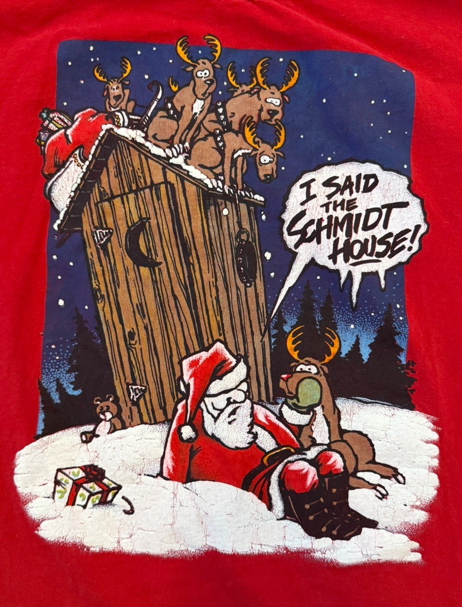 Vintage Christmas “Schmidt House” Santa Rudolph 90s Jerzees T-Shirt XL Comics