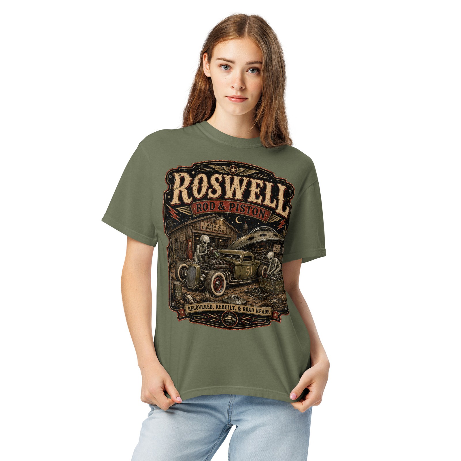 Roswell Rod & Piston Alien Garage T-Shirt Hot Rod Flying Saucer UFO Tee S-4XL gallery