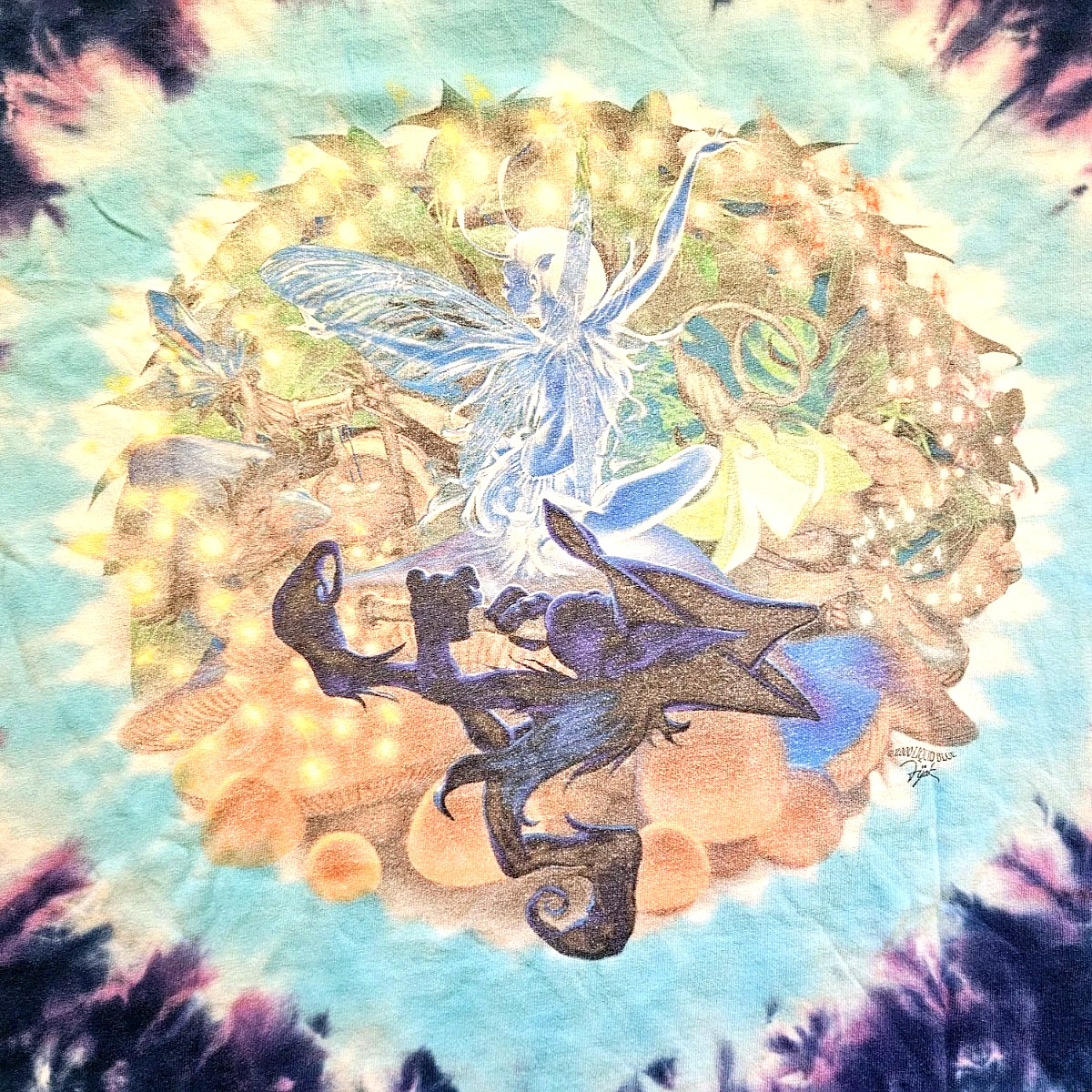 Vintage 90s Liquid Blue Fairy Fantasy Mushroom T Shirt Tie Dye Size Large gallery