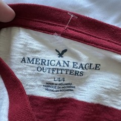 American Eagle Tee L Red White Rugby Block Stripe Eagle Logo Cotton Skater Tee