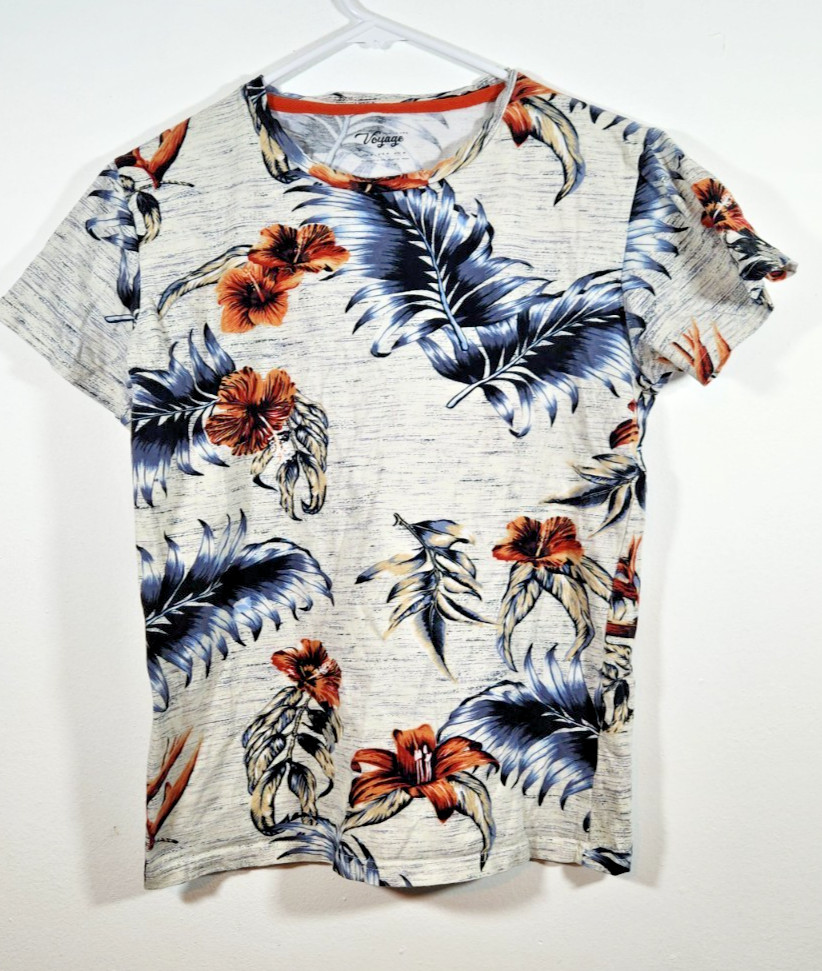 VOYAGE Short Sleeve Men’s T-shirt Size Med Heather Grey Coral Tropical Crew Top