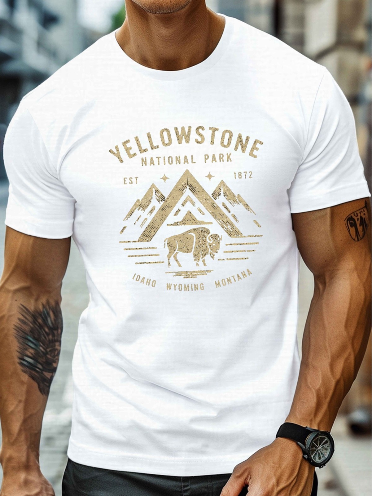 Yellowstone National Park Bison Mountain Graphic T-Shirt Outdoor Adventure Tee gallery