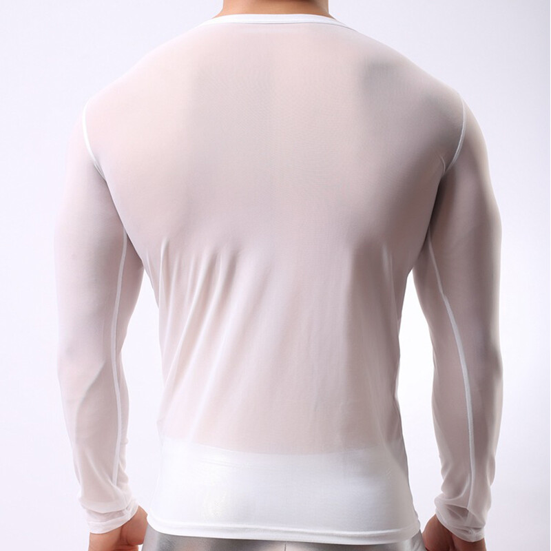 Mens Undershirt Nylon Mesh Men See Through Sheer Long Sleeve Sexy T-shirt gallery