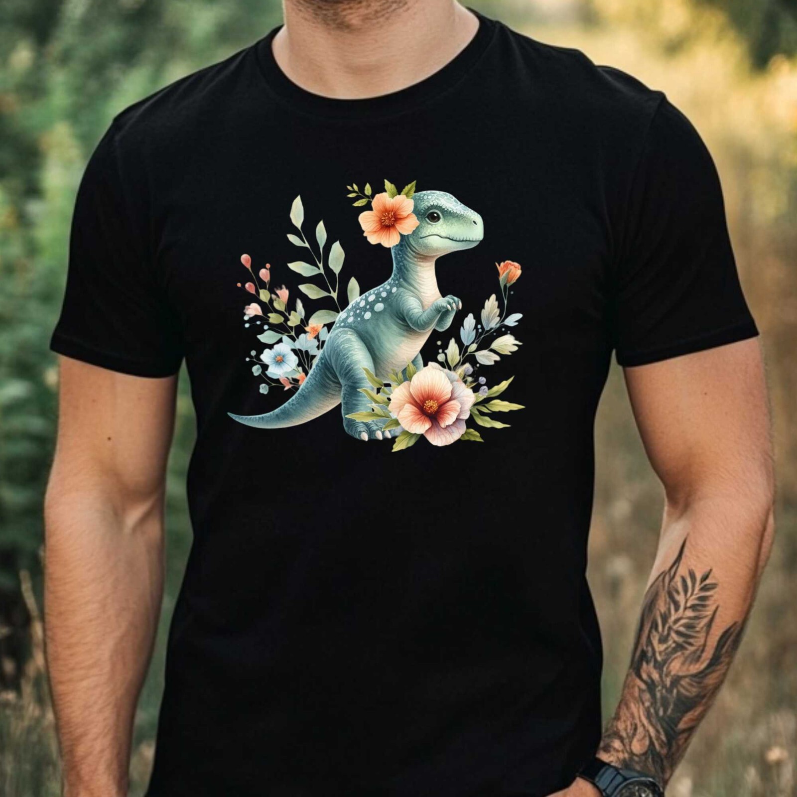 Mens Dino Flower Print Cotton T-Shirt Size XS to 5XL