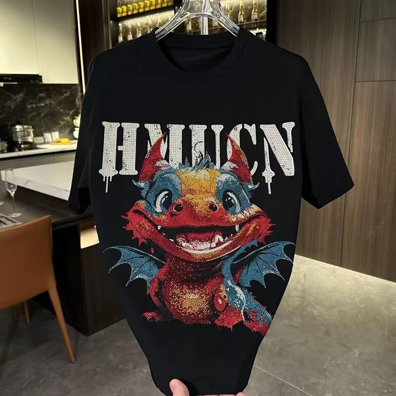 New Men Luxury Diamond Dragon Rhinestones Fashion T-Shirt High Quality 4 Colors gallery