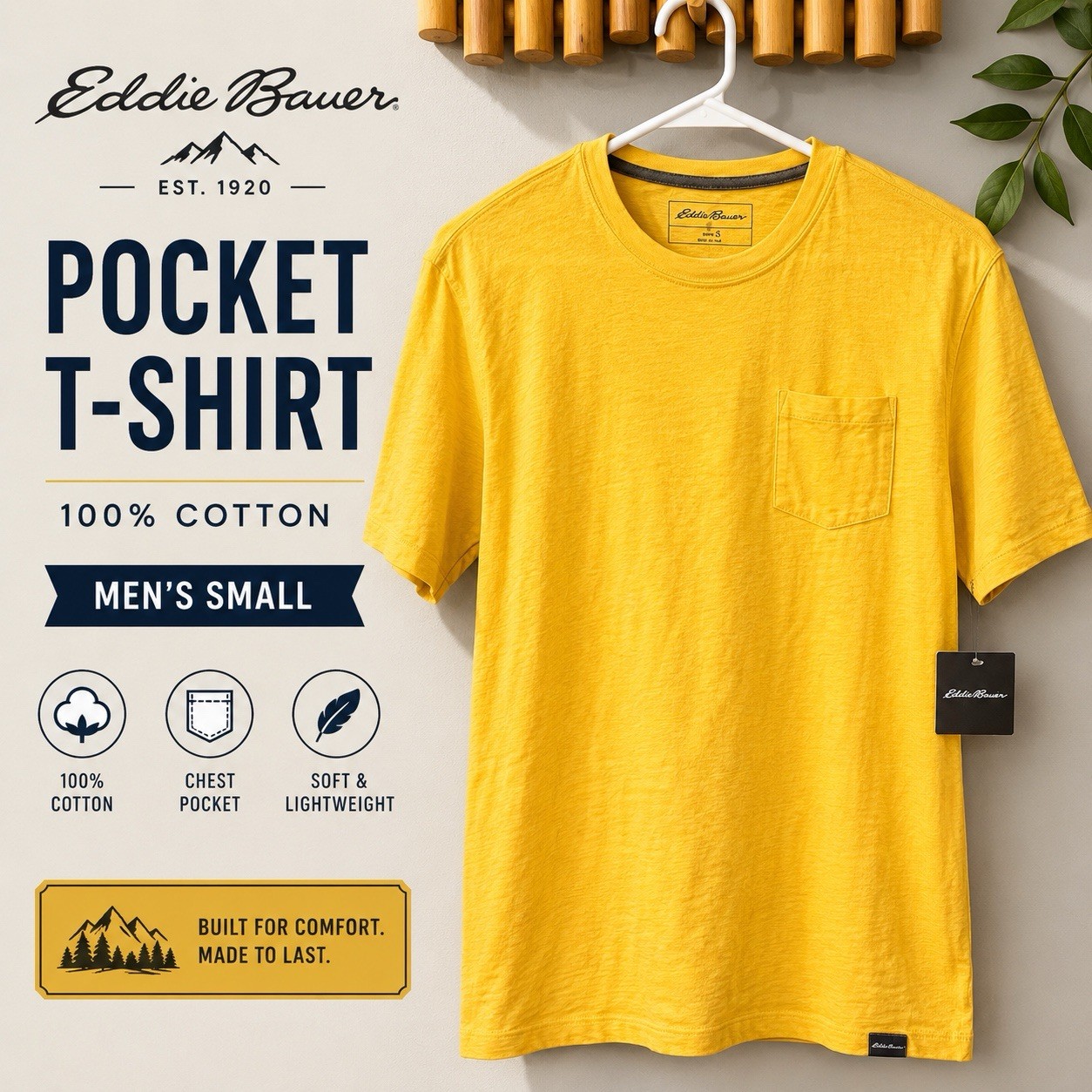 Eddie Bauer Mens Small Yellow Pocket T Shirt 100% Cotton Crew Neck NWT