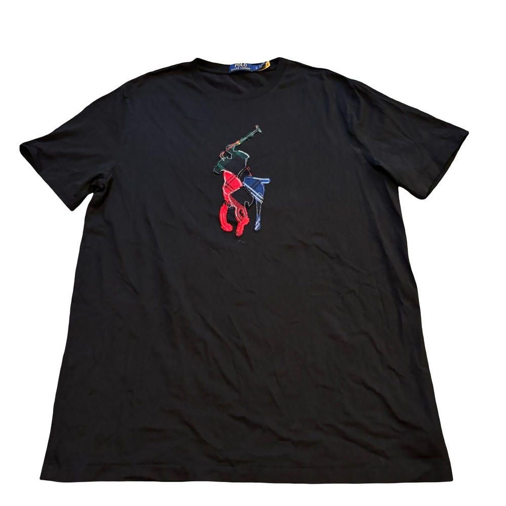 Polo Ralph Lauren Mens Black Patchwork Plaid Big Pony T-Shirt Size LT Large Tall