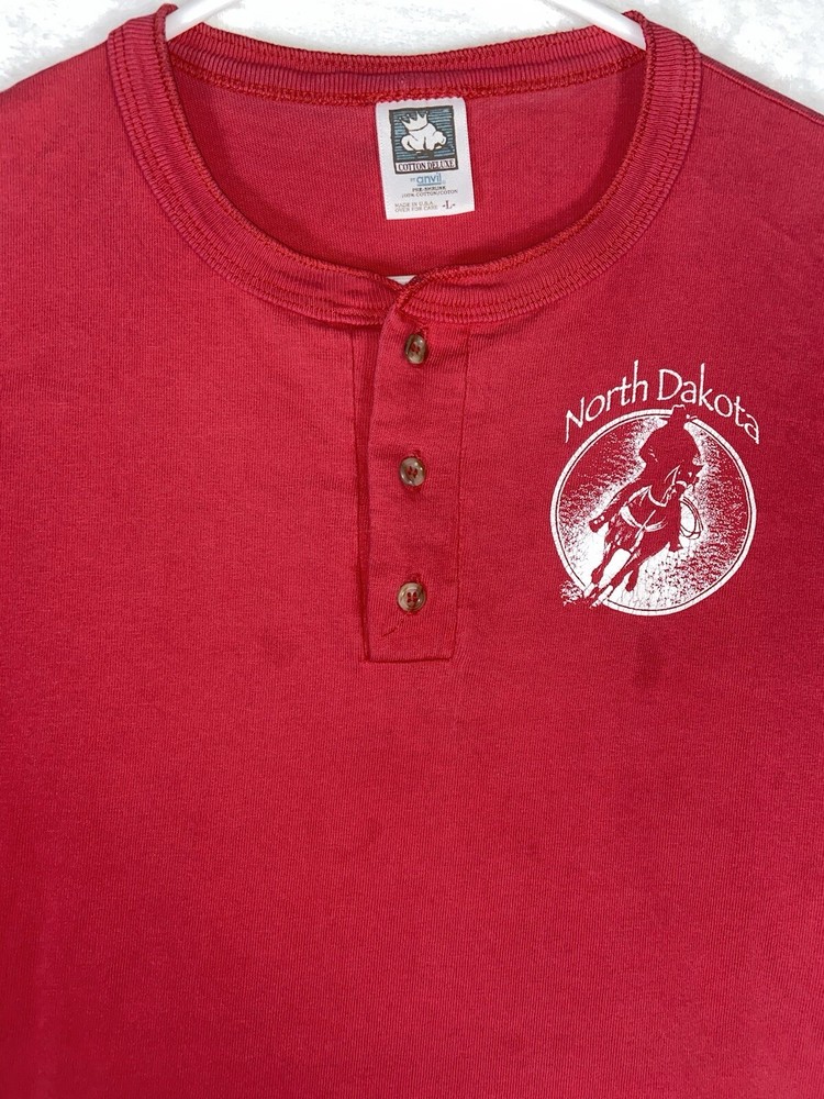 Vintage Single Stitch 3 Button T-Shirt Henley Large Cowboy Western North Dakota