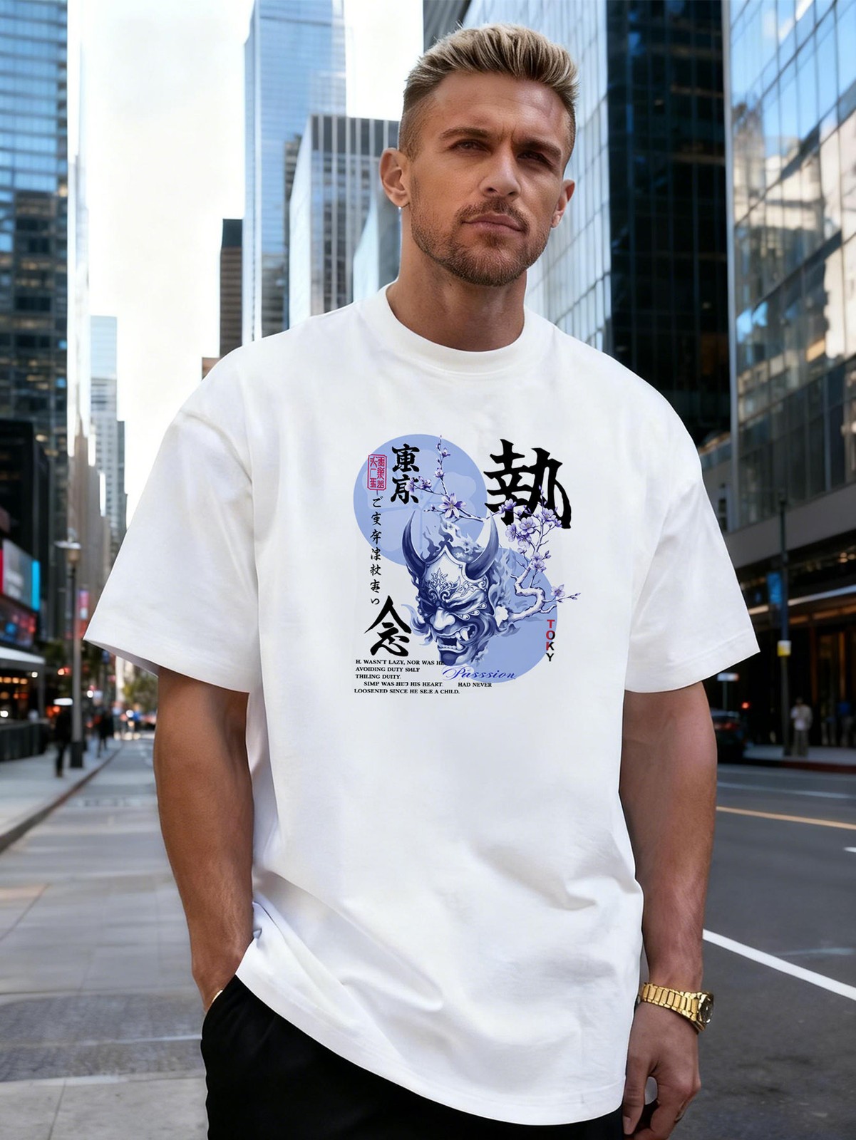Oni Mask and Sakura Graphic Cotton Men's T-Shirt, Suitable for Daily Streetwear gallery