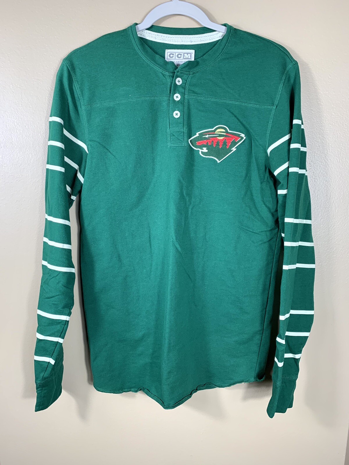 NHL MN WILD CCM Throwback 3-Button Henley Long Sleeve T-Shirt Men's SMALL gallery