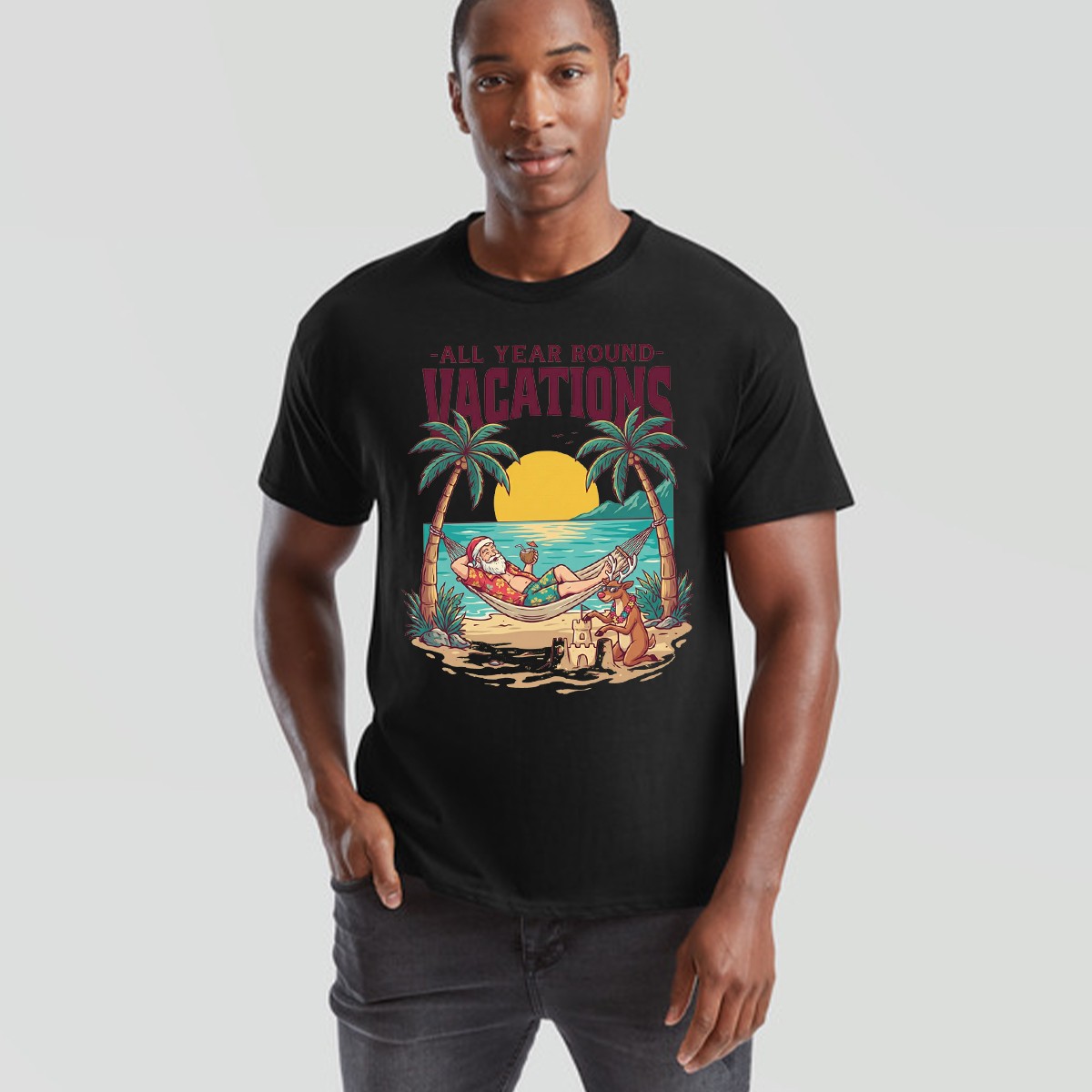 All Year Round Vacations Christmas Santa Reindeer Beach Graphic Unisex Tee gallery