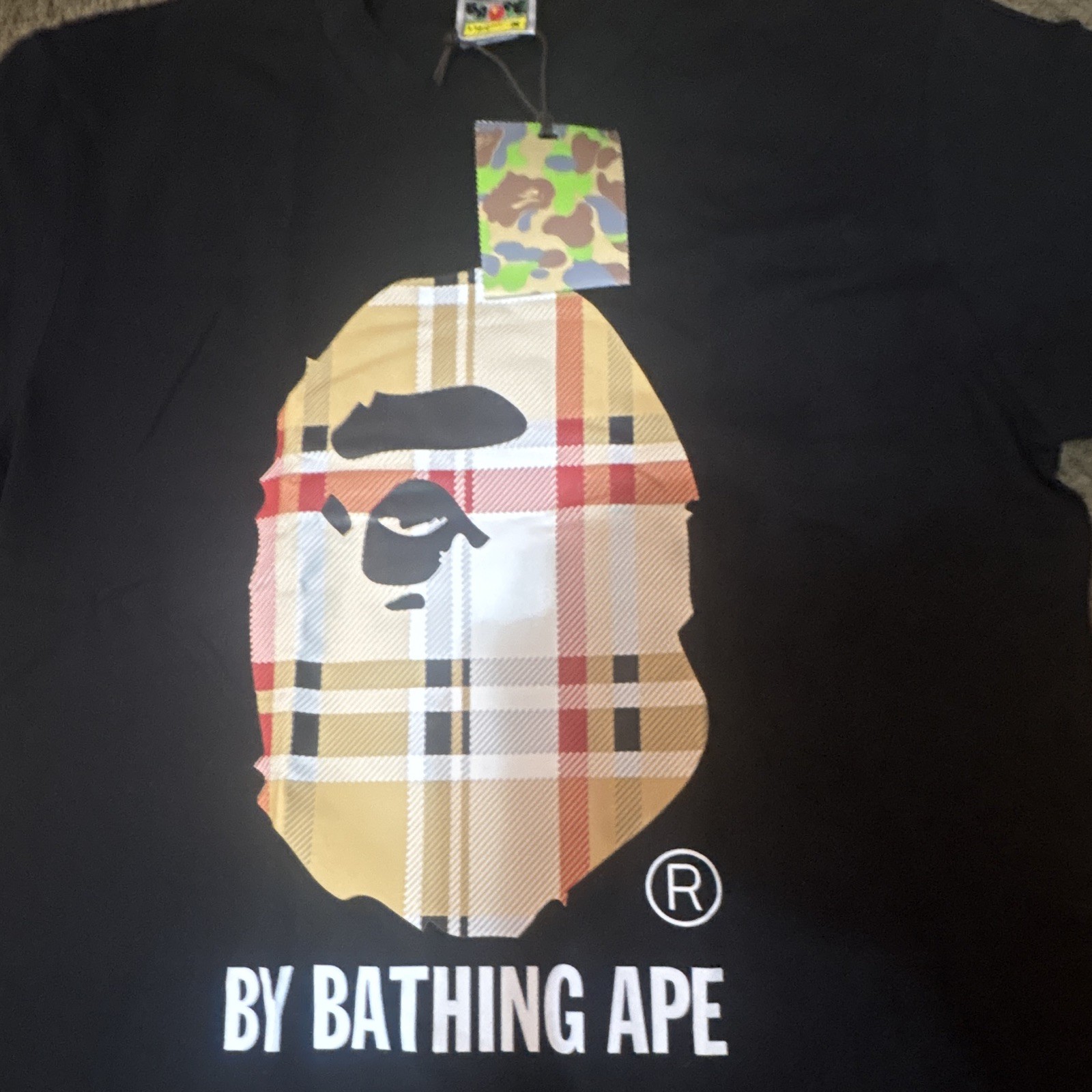 A Bathing Ape BAPE Men’s Black Plaid Ape Head Graphic Tee Crew Neck Size M gallery