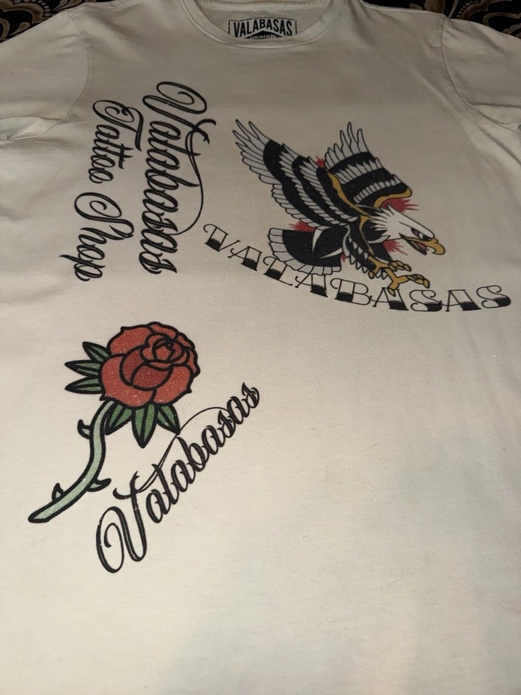 Valabasas Men’s S White Graphic Crew Neck Short Sleeve Tee Tattoo Skull Rose