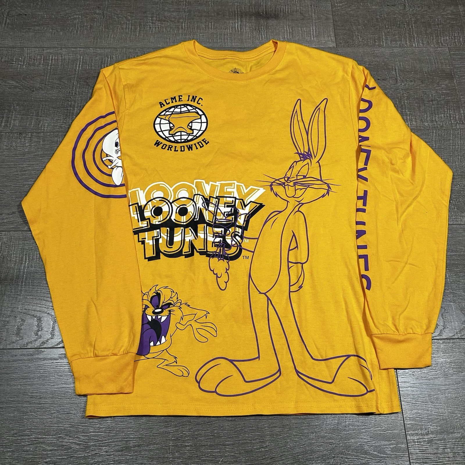 Looney Tunes AOP Long Sleeve Shirt Yellow Shirt Mens Medium Acme Taz Bugs Tweety