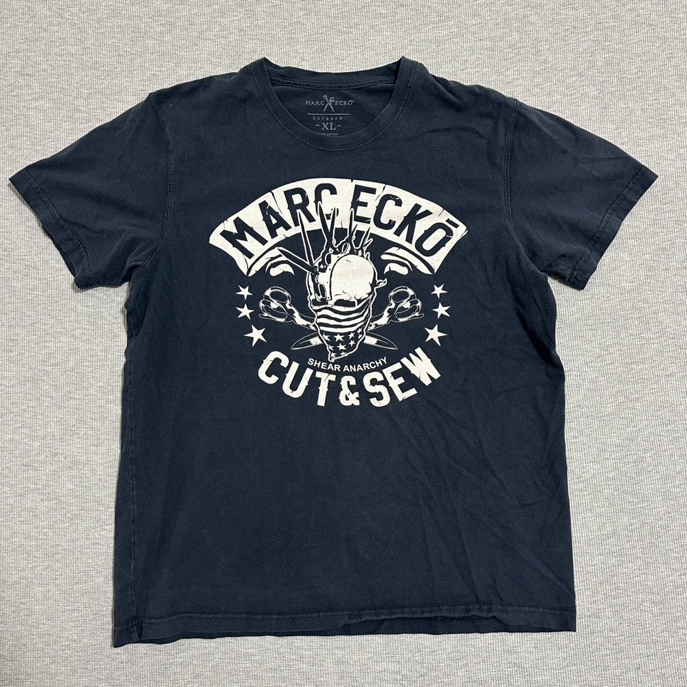 Marc Ecko Cut & Sew Shear Anarchy Skull Graphic T-Shirt Navy Blue Mens Size XL