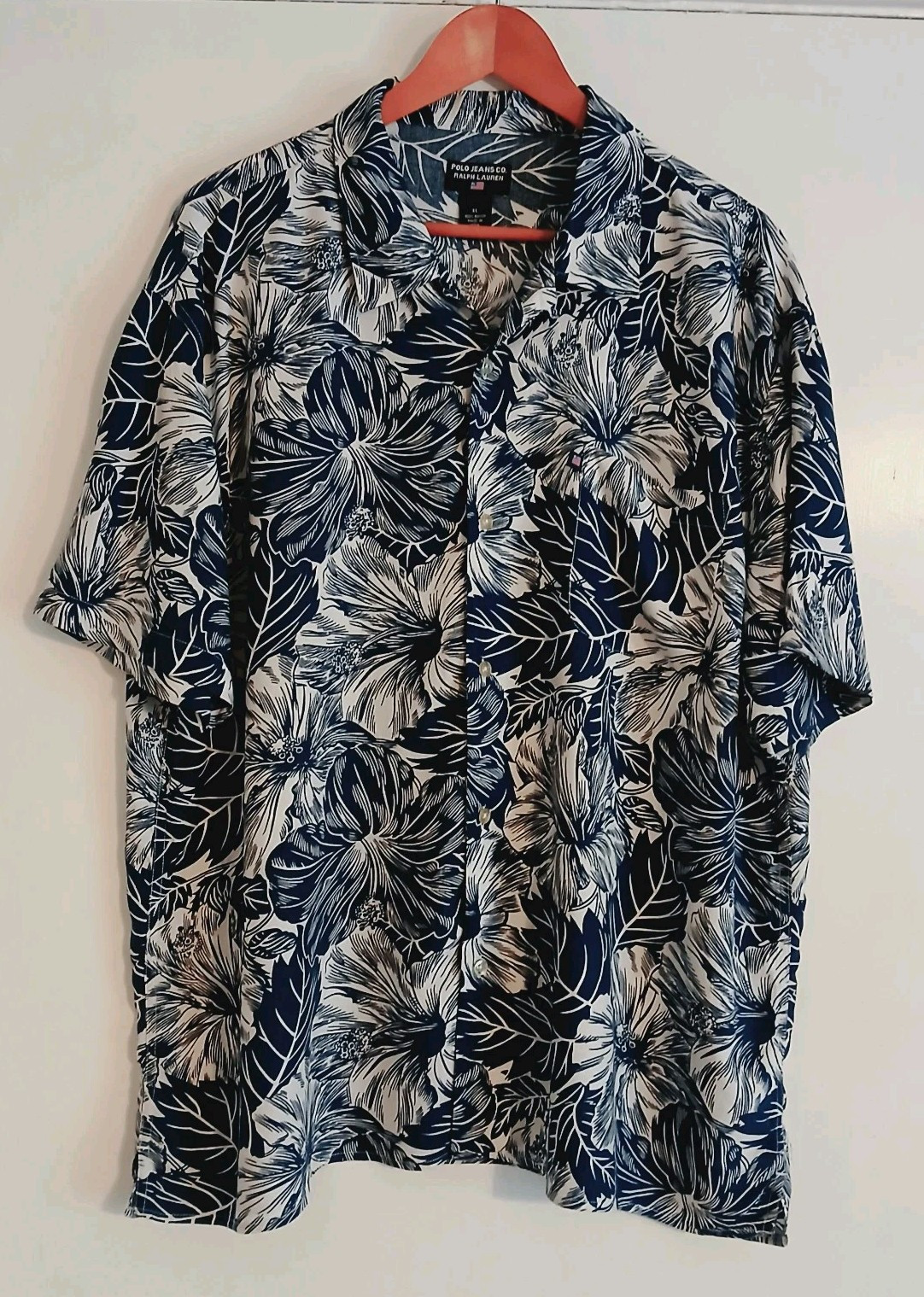 Shirt XL Polo Jeans C0. Ralph Lauren Hawaiian Blue Floral 100% Rayon (26″W x 30″