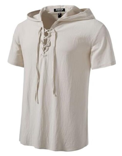 Men’s Cotton Vintage Hooded Design Short Sleeve Lace up Shirts X-Large Beige