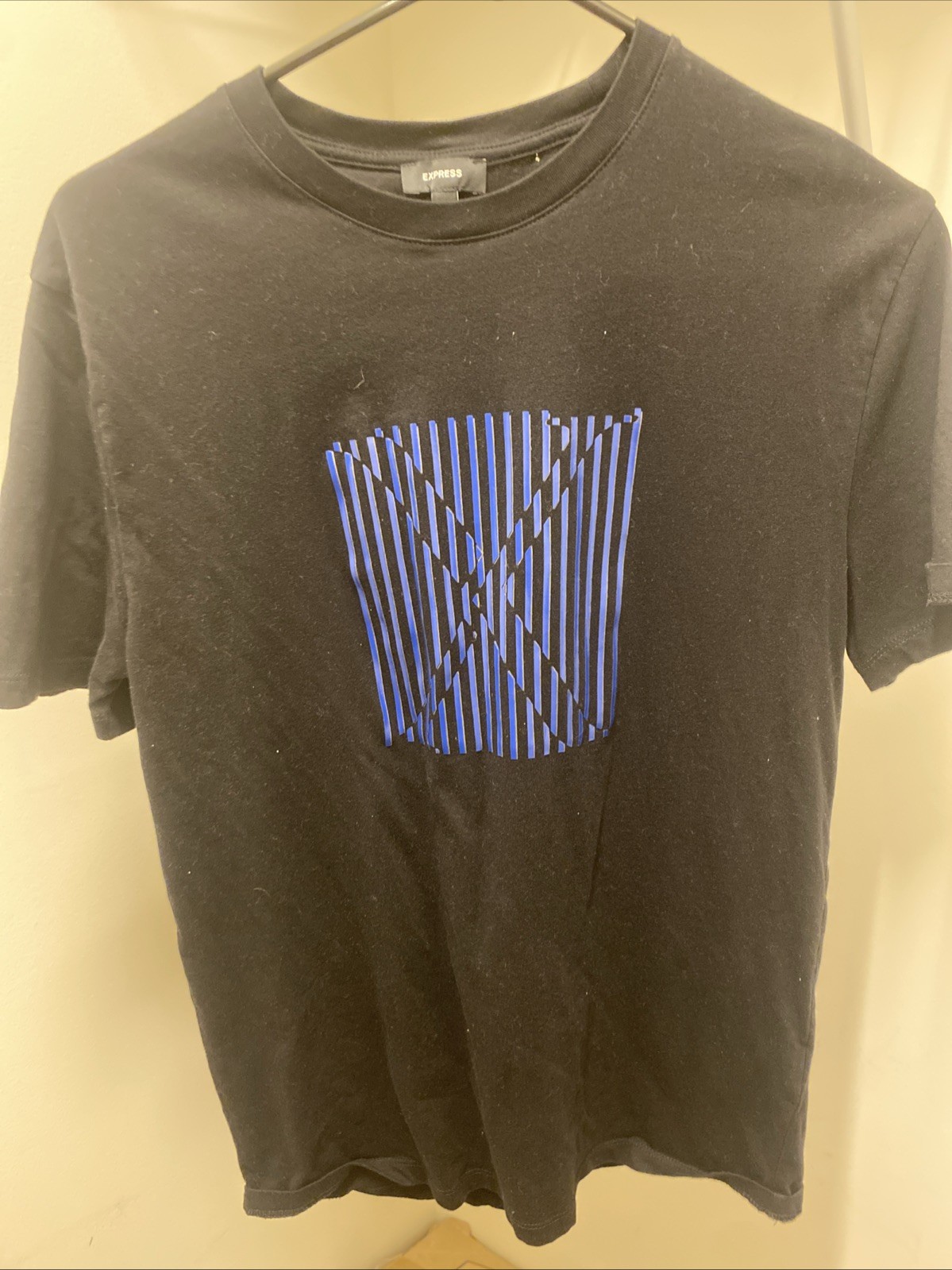 Express Men’s Black Crew Neck T-Shirt With Blue Geometric Abstract Graphic