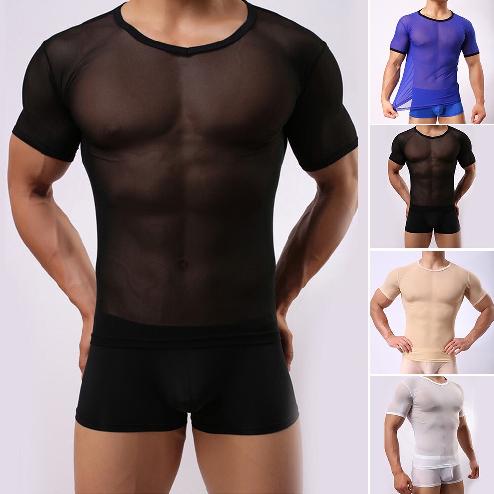 Fit T-Shirt Men Short Sleeve Top Tee Gym Stylish Short Sleeve Mesh Sheer Muscle gallery
