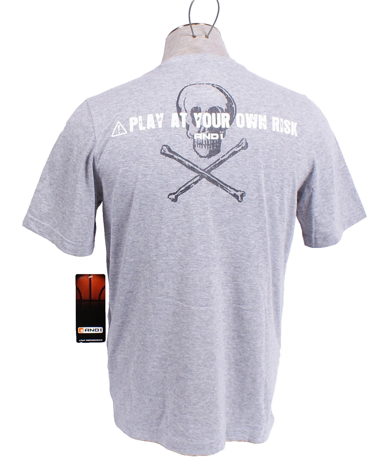 AND1 Men's S Gray Skull & Bones Short Sleeve T-Shirt Play at Your Own Risk gallery