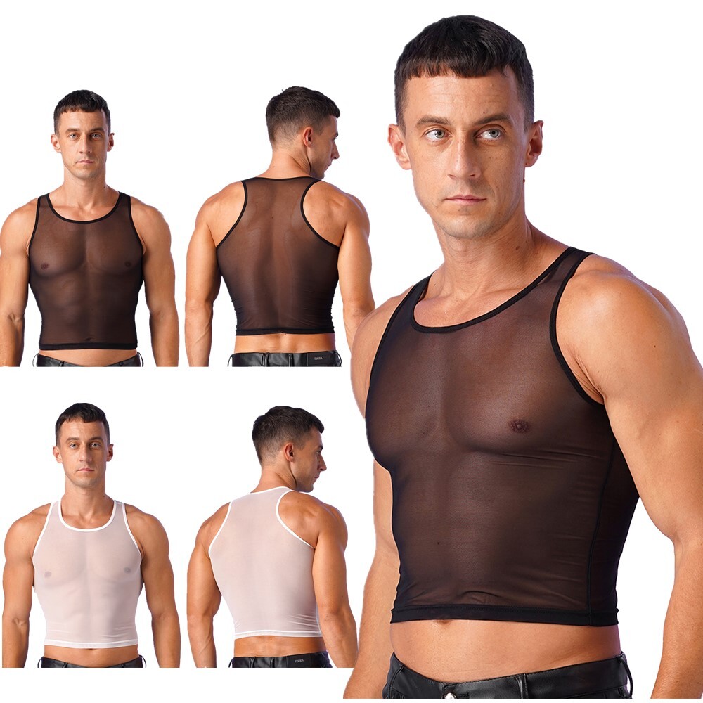 US Men Tank Tops Workout Crop Top See-Through T-shirt Muscle Blouse Mesh Vests gallery