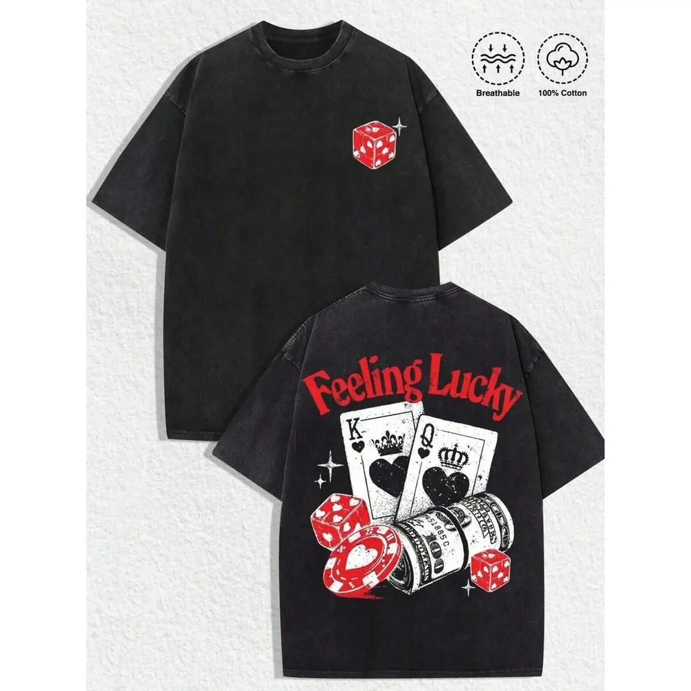 1 PCS Retro “Feeling Lucky – Casino Elements” Graphic Tee: Featuring Distressed