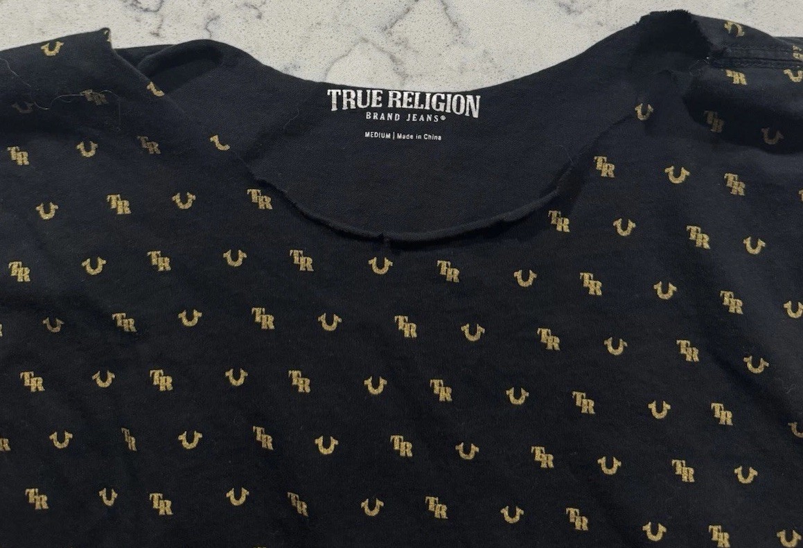 True Religion T-Shirt Mens Medium Black Gold All Over Monogram Signature Logo gallery