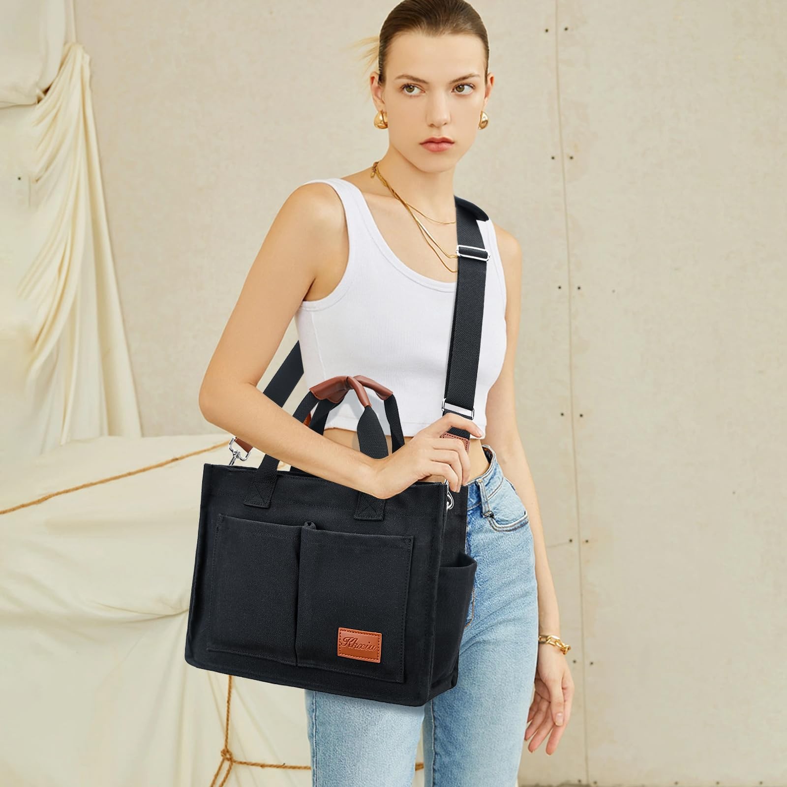 KKXIU Large Canvas Tote Bag for Women with Zipper and Compartments Crossbody ... gallery