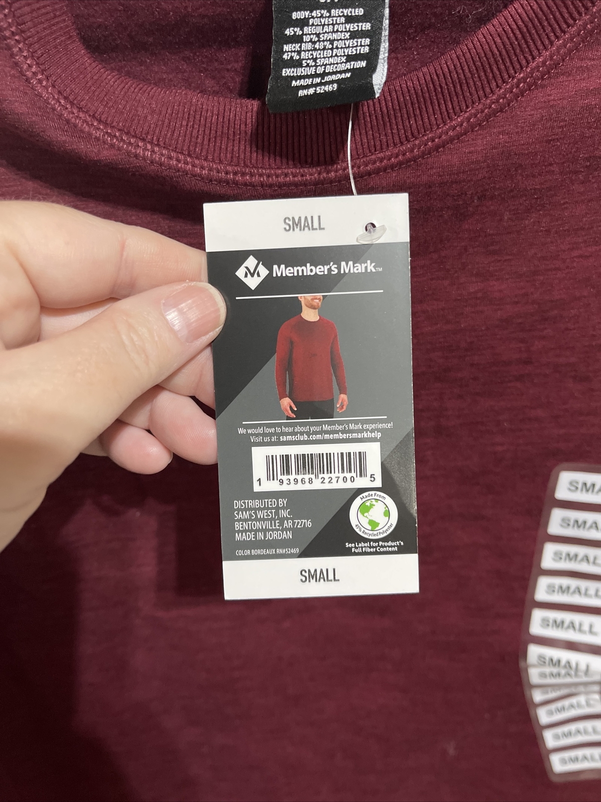 MEMBERS MARK Men's Long Sleeve Tech Fleece Crew Shirt Burgundy Size Small NEW gallery