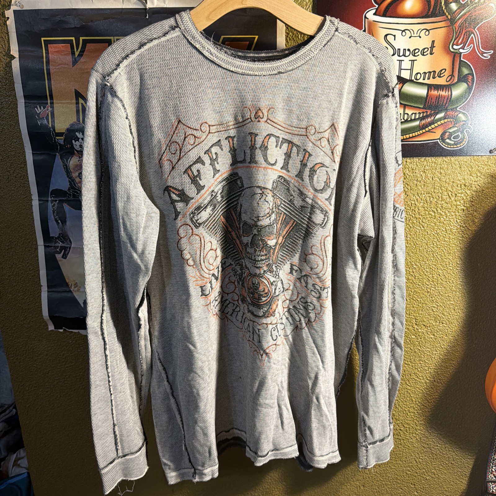 Affliction Shirt Mens XL Thermal Gray Y2K Skull Cross Wings Grunge Reversible gallery