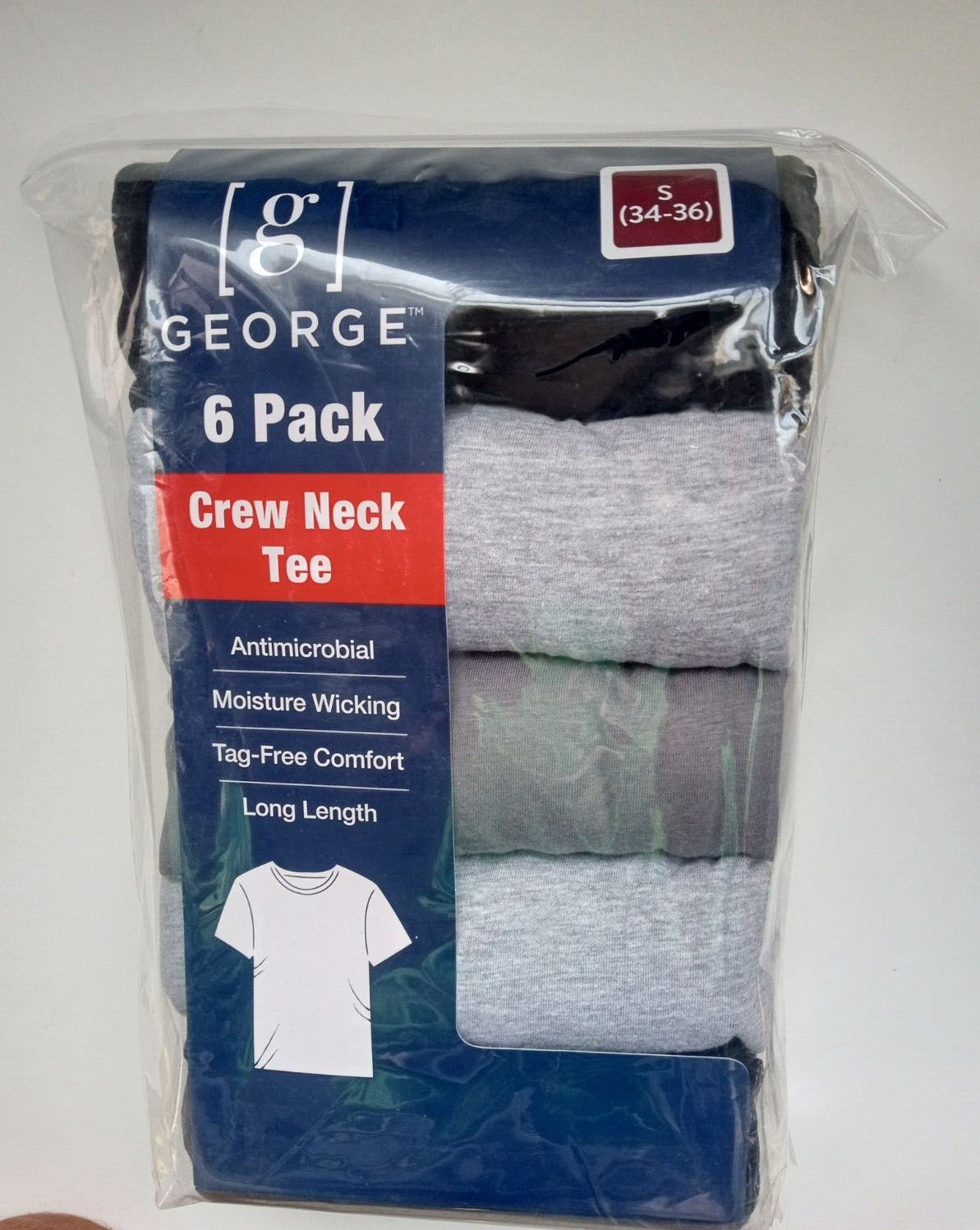 George Mens Crew Neck T-Shirts 6 Pack, Tag Free Sz Small BLACK GREY Long Length gallery