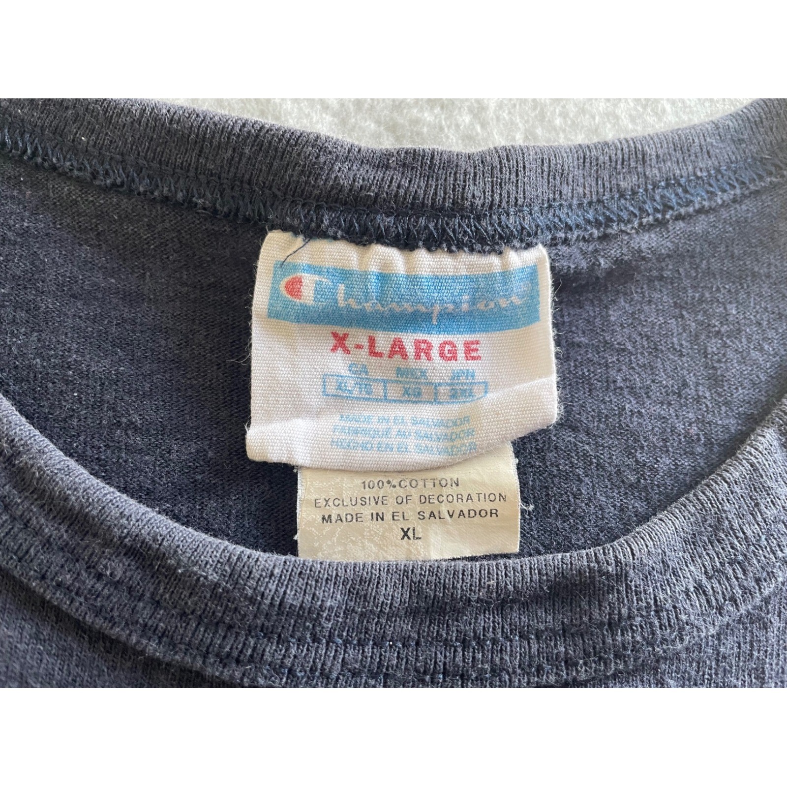 VTG Champion Mens XL Nvy Blue Shrt Sleeve Double*Embroidered Script Logo T-Shirt gallery