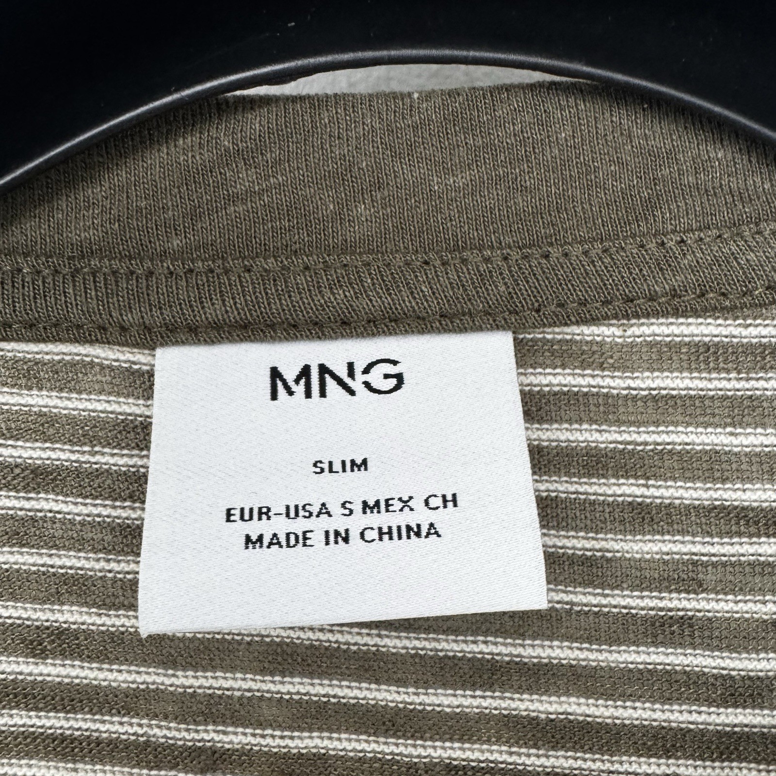 NWT Mango MNG Linen Cotton T-shirt Small Slim Fit Striped Olive Green White Tee gallery