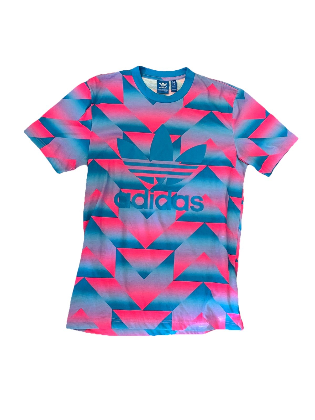 NWOT Sz Sm Unisex ADIDAS Originals Chevron Trefoil Graphic T-Shirt Pink Blue gallery