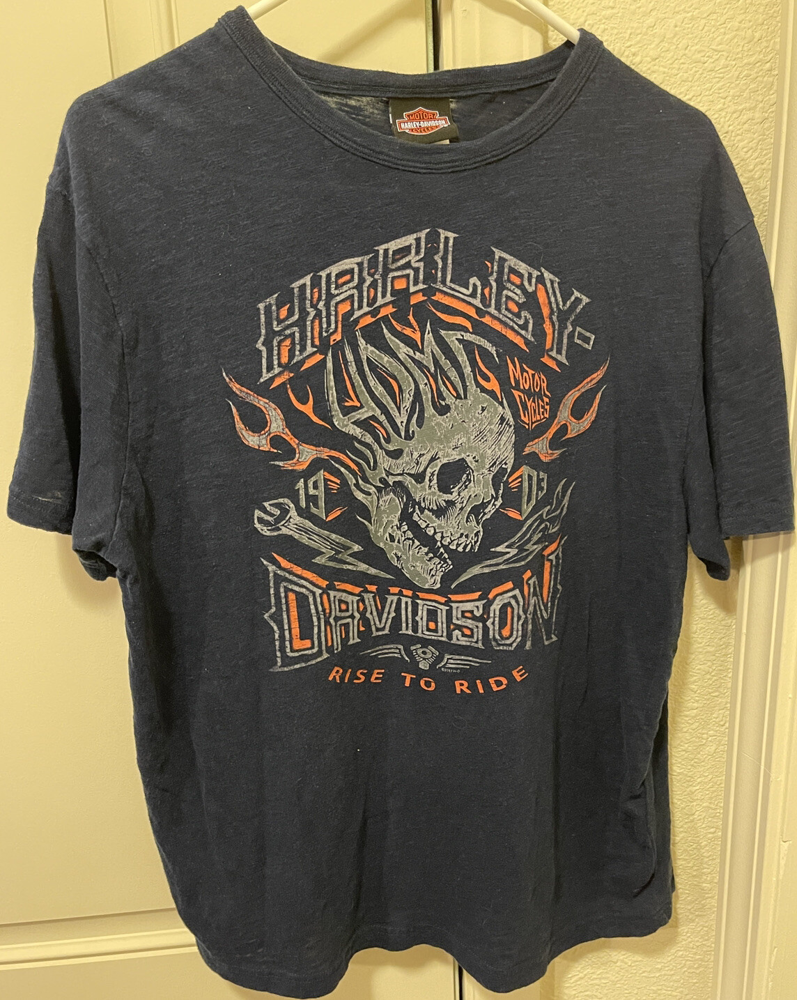 Harley Davidson Flaming Skull Rise to Ride T Shirt Size L VGUC Sheer