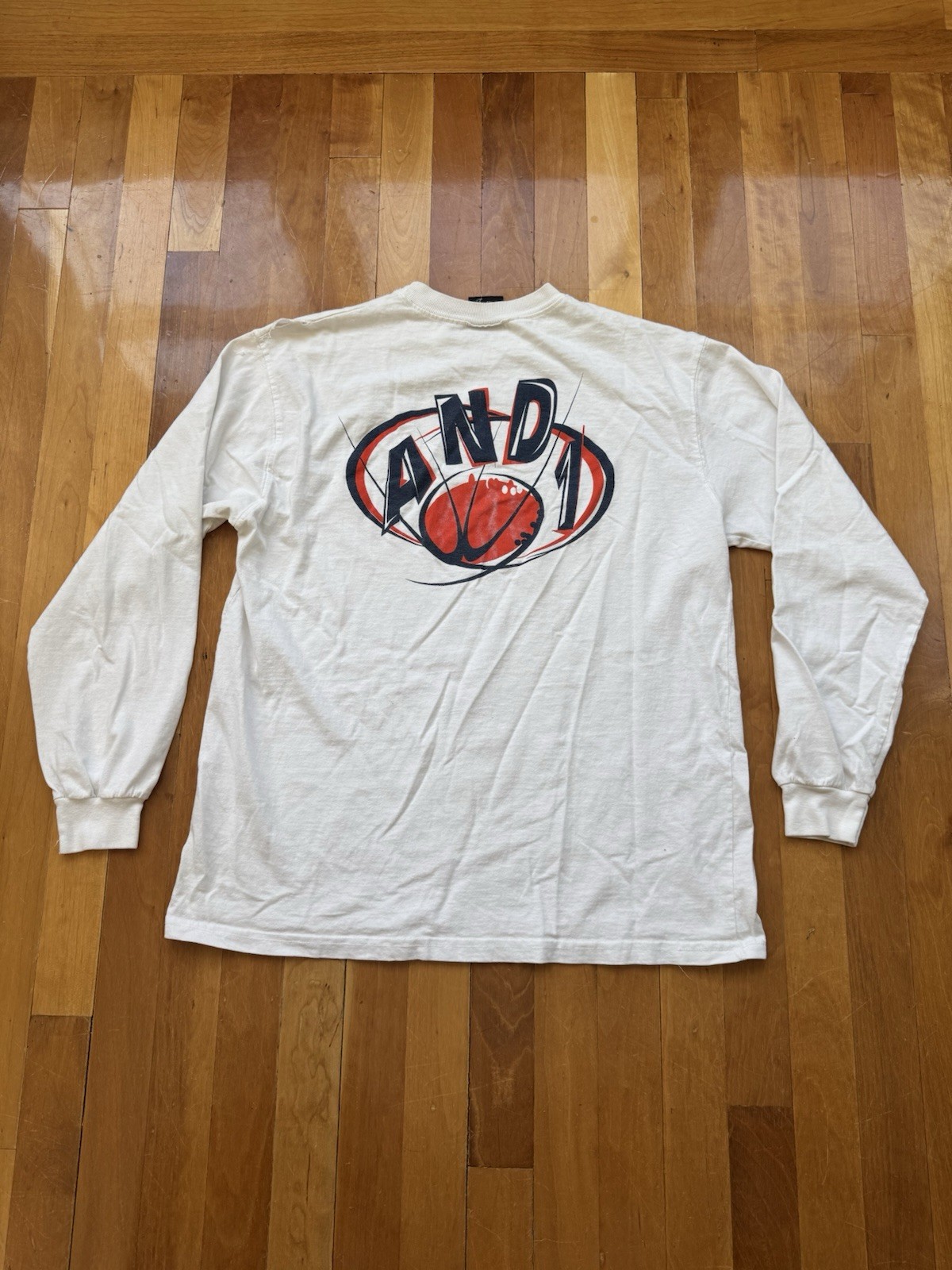 Men’s AND1 White Long Sleeve Graphic Tshirt Size XL HAS FLAWS gallery