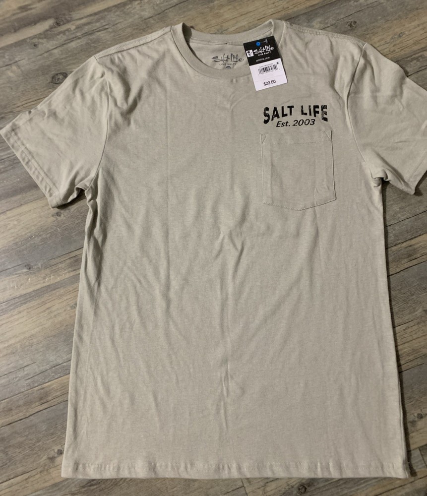 Salt Life Pocket T-Shirt Men Small Graphic Print Fish Surf Dive Grey
