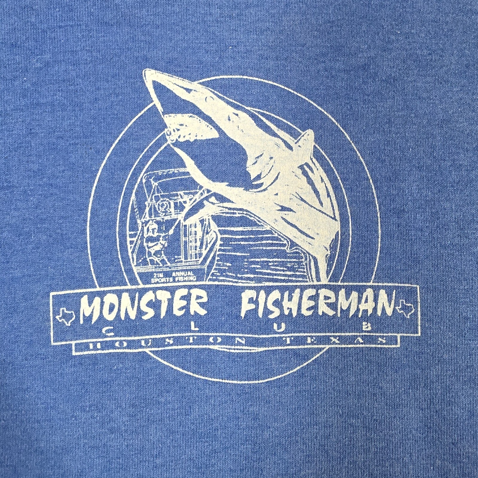 Vintage Monster Fisherman Shirt Mens Large Blue Huston Texas Club Shark Jaws gallery
