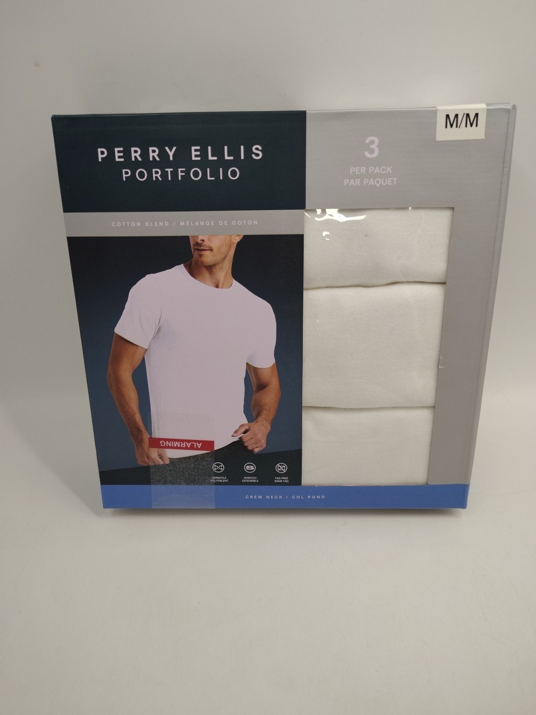 Perry Ellis Mens White Crew Neck T-Shirts 3 Pack Medium Cotton Blend New Sealed