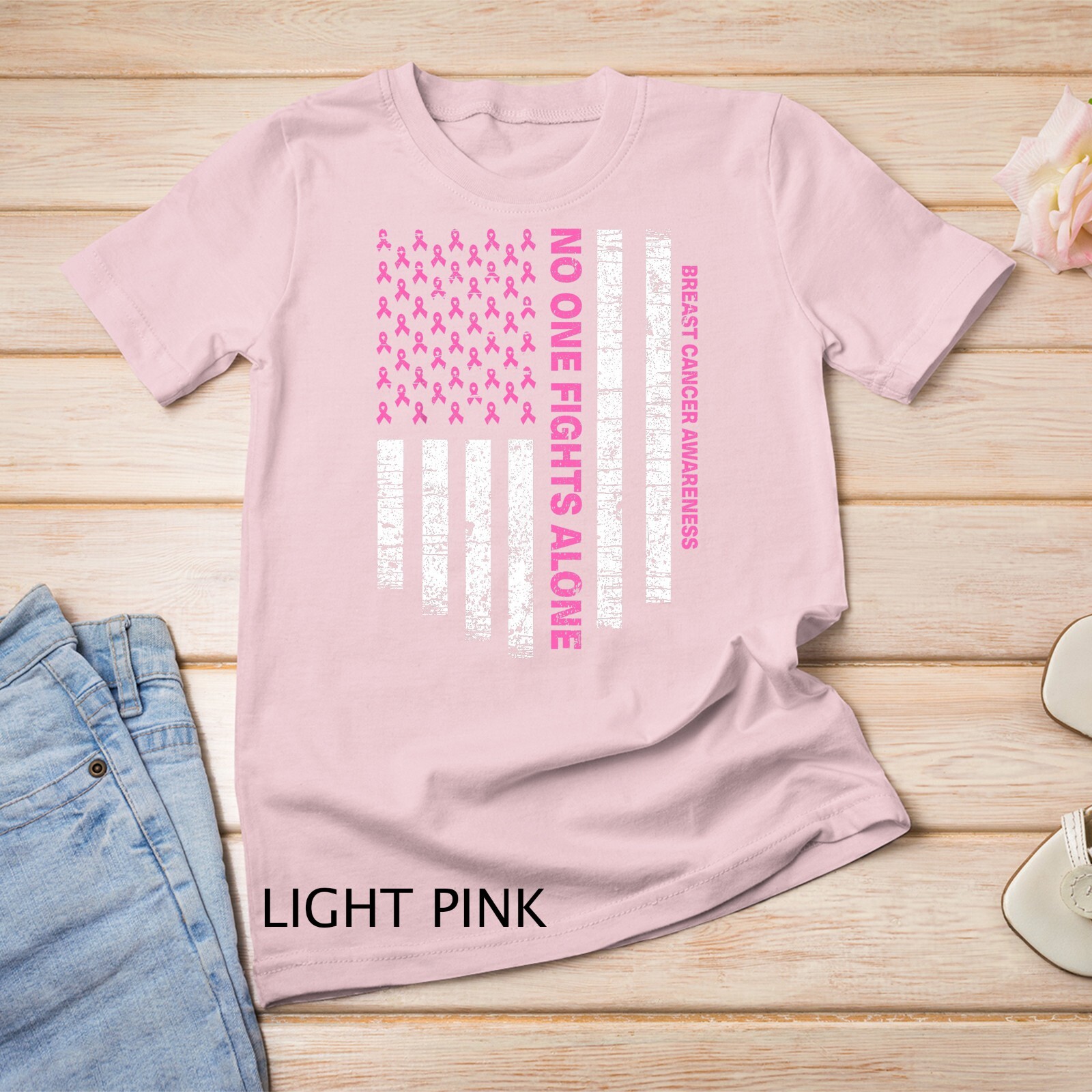 No One Fights Alone USA Flag Breast Cancer Awareness Unisex T-shirt gallery