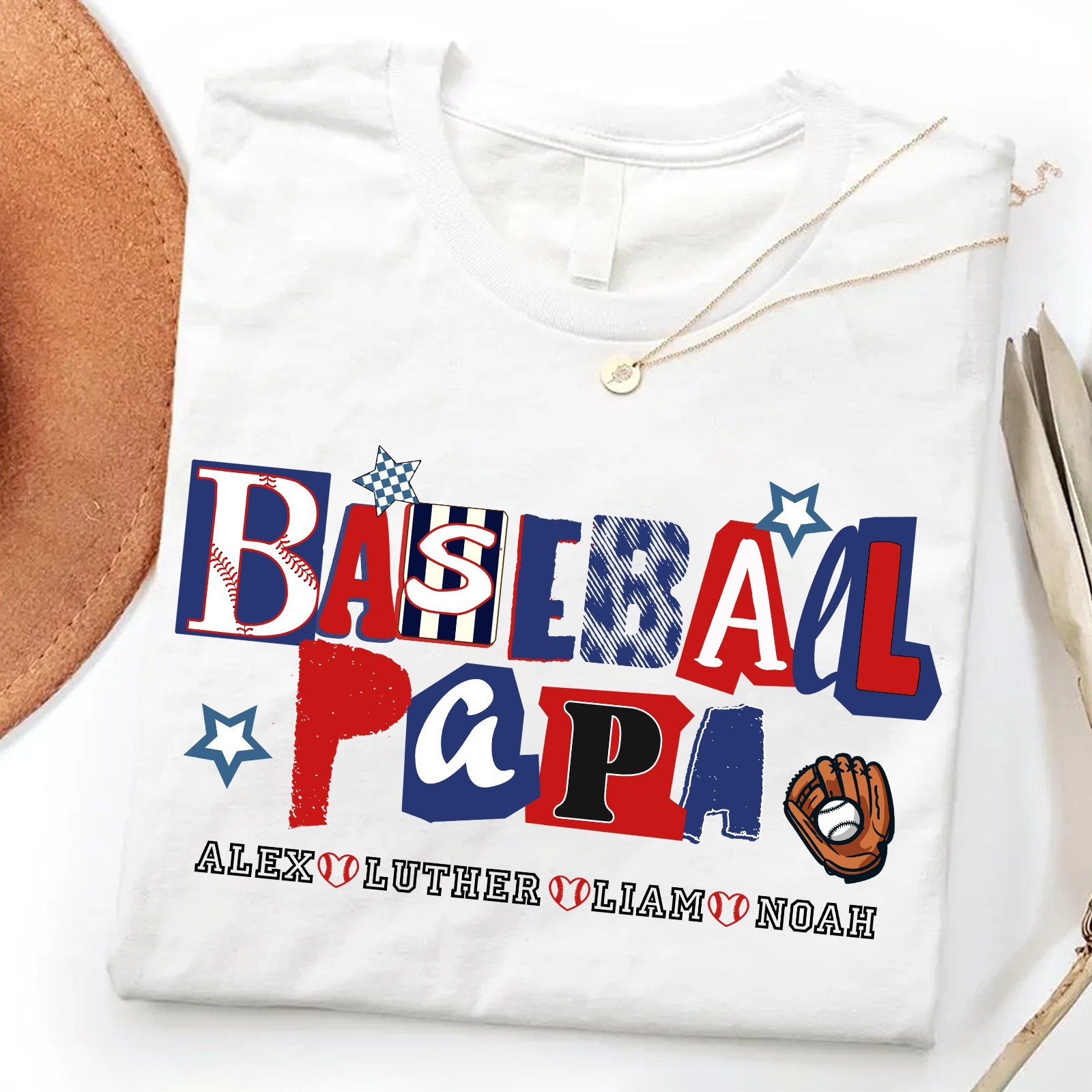 Personalized Baseball Papa Shirt Kids Names Game Day Grandpa Gift Sport Dad Tee