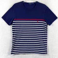 Polo Ralph Lauren TShirt Mens L Blue White Stripe Red Pony Slim Coastal Preppy