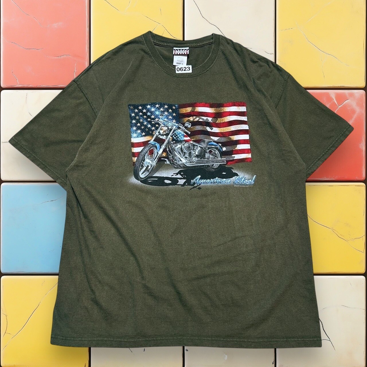 Vintage Y2K American Flag Motorcycle T-Shirt Men XL Biker Sonoma Grunge USA Tee gallery
