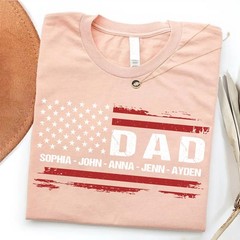 Personalized Dad Shirt Custom Kids Name Patriotic USA Flag 4th of July Gift Tee