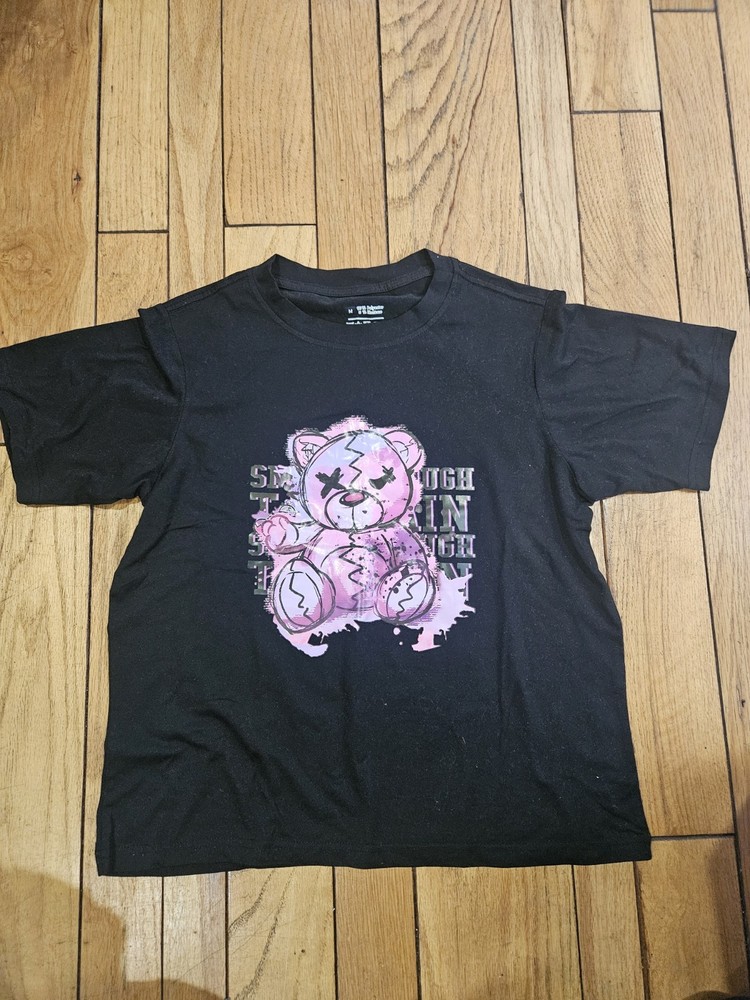 Men’s Black Teddy Bear Graphic Print Crew Neck Short Sleeve T-Shirt Size M
