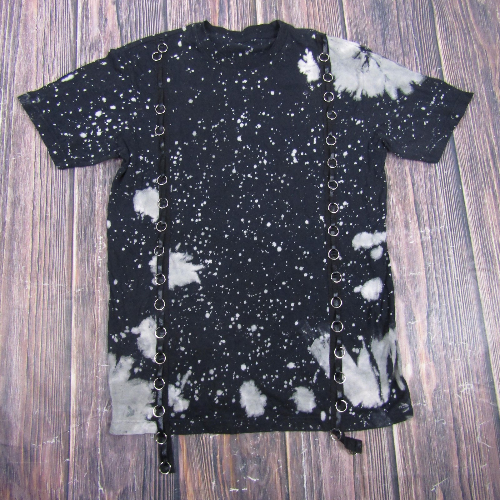 Galaxy Strap Graphic Shirt Mens M Black Bleach Splatter Short Sleeve Tee Punk