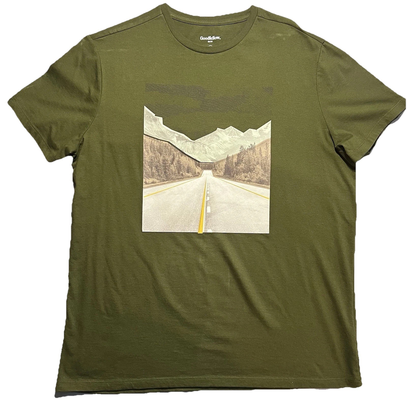 Goodfellow Mens T-Shirt Short Sleeve Graphic L Green Mountain Highway Road NEW gallery