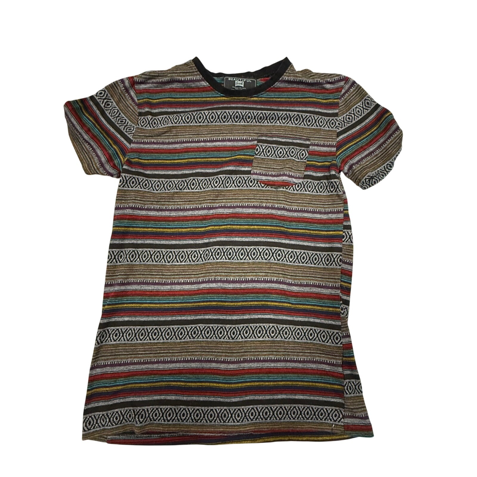 Beautiful Giant Striped T-Shirt Aztec Print Short Sleeve Casual Top Size S