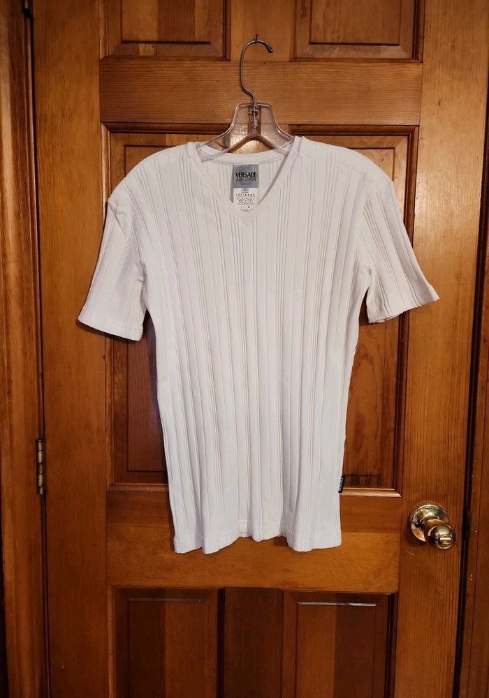 Vintage 90s Versace Jeans Couture Ribbed V-Neck Shirt L White Made In Italy